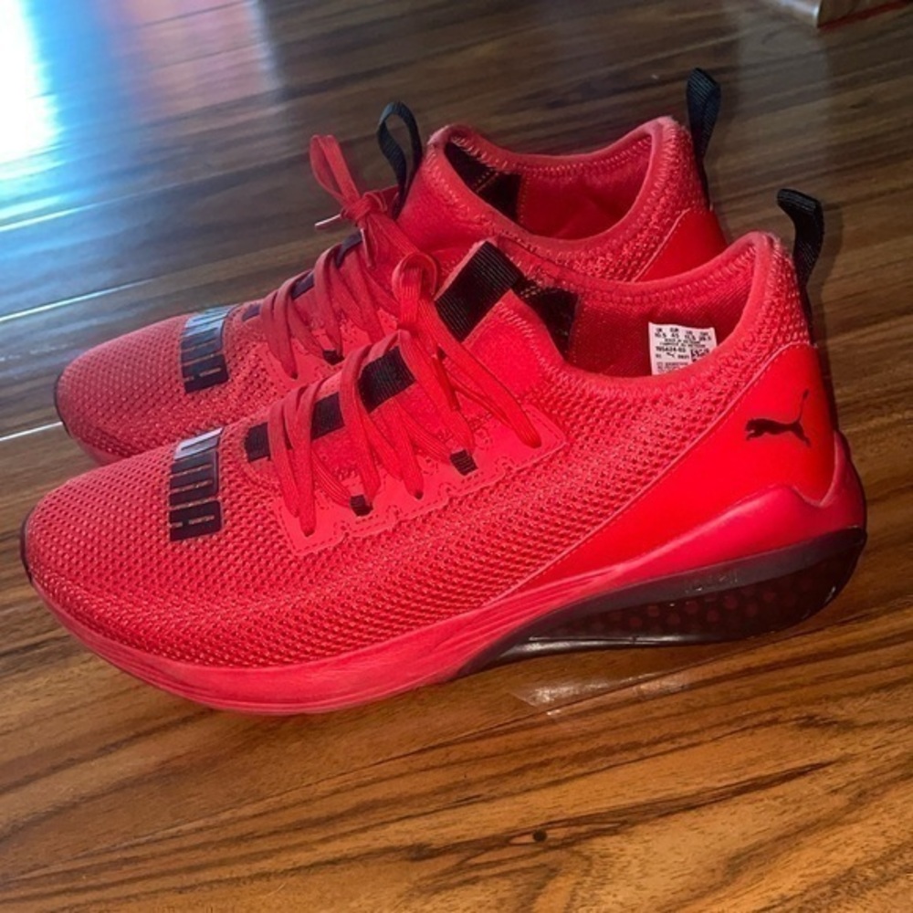 Red and black mens puma sneakers